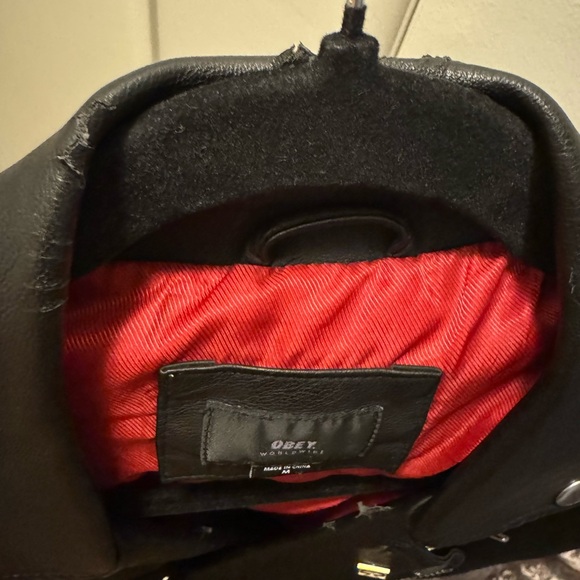 Sold *Obey Black faux Leather Jacket with Red Lining - Picture 9 of 10